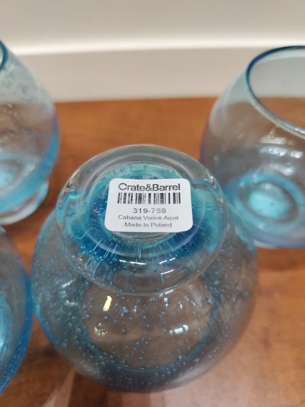 Crate & Barrel CABANA Aqua Bubble Glass Votive Holder Set of 4 Made In Poland